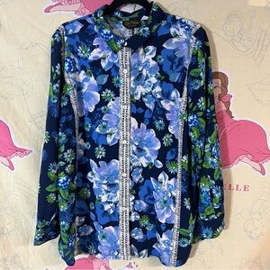 Bob Mackie Blue and Green Floral Button Down Shirt
